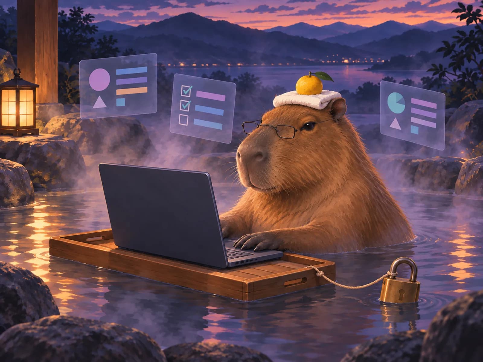 A capybara in reading glasses, a towel and a yuzu on its head, works on a laptop on a floating tray in a steaming hot spring, a padlock tied to the tray like a rubber duck